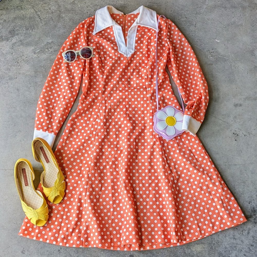 Vintage Mid Mod Orange White Polka Dot Retro Collar Long Sleeve Dress
